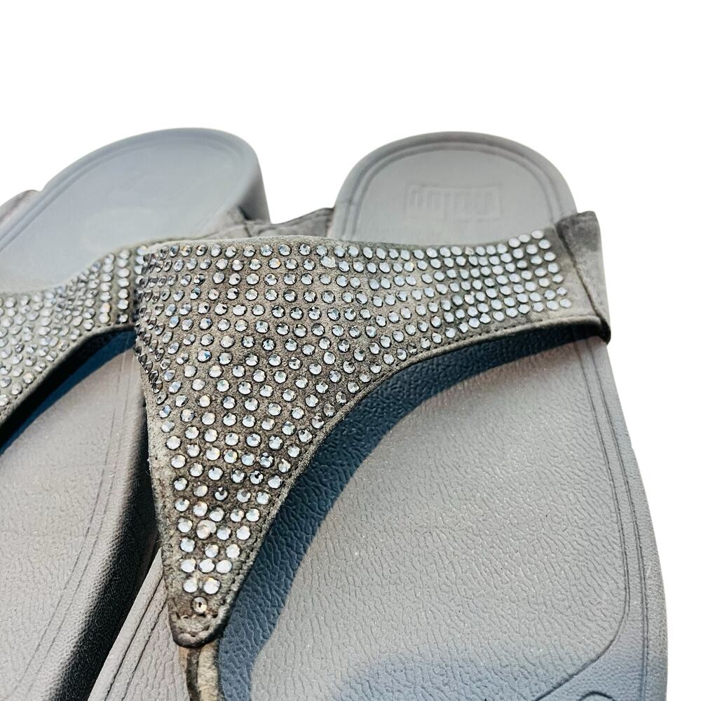 Fit Flop Rokkit Gray Suede Rhinestone Thong Sandal Women's Size 9 - Picture 4 of 11
